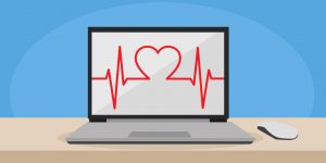 Illustration of a laptop with a virtual heartbeat. "Love your laptop"